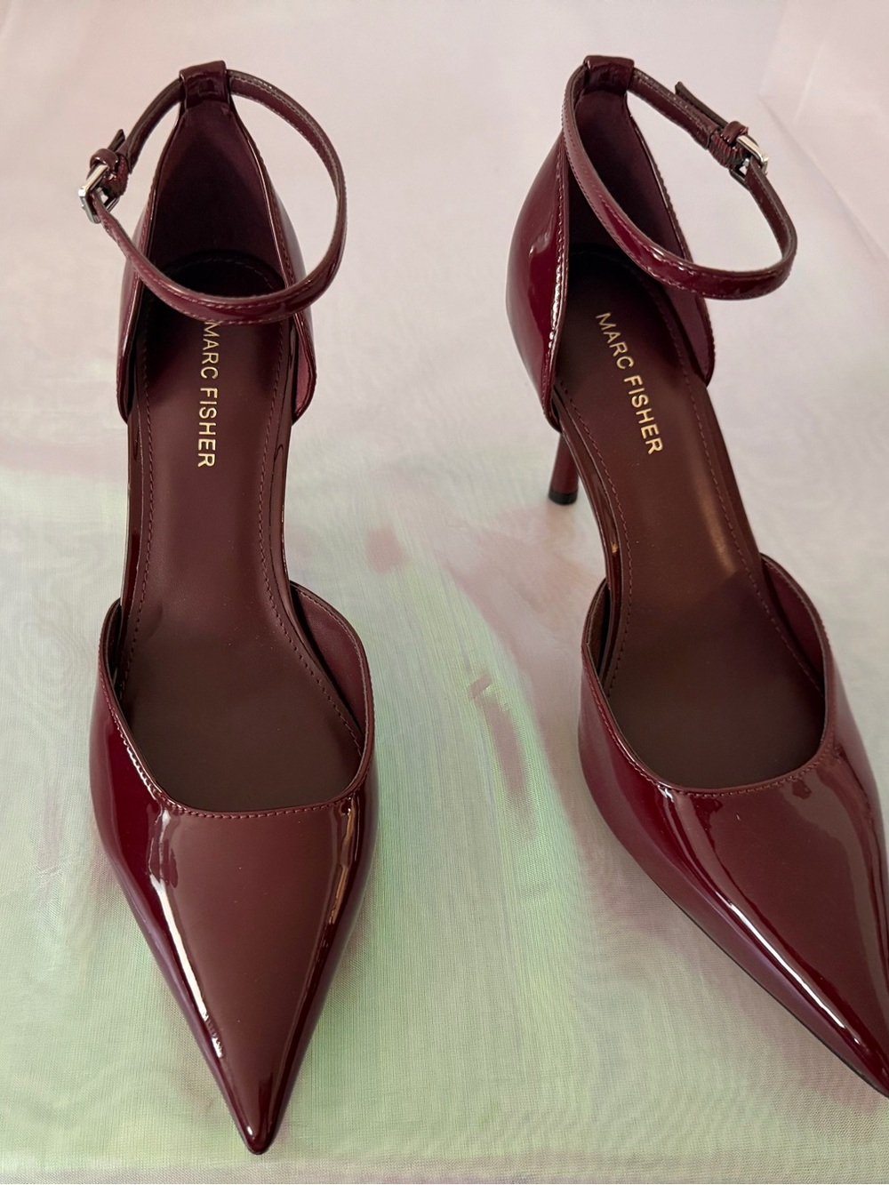 Marc Fisher Burgundy Patent Pointed-Toe Ankle-Strap Heels